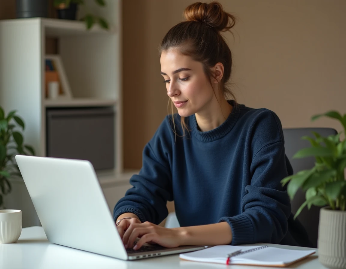 Femme suivant une formation en ligne Ora Vendis depuis son bureau à domicile avec un ordinateur portable et des notes manuscrites