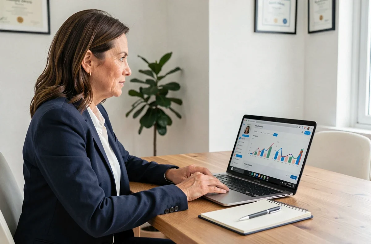 Professionnelle en formation LinkedIn suivant un webinar de prospection B2B sur son ordinateur portable dans un bureau moderne