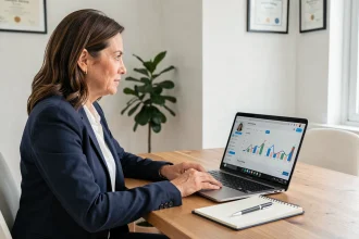 Professionnelle en formation LinkedIn suivant un webinar de prospection B2B sur son ordinateur portable dans un bureau moderne