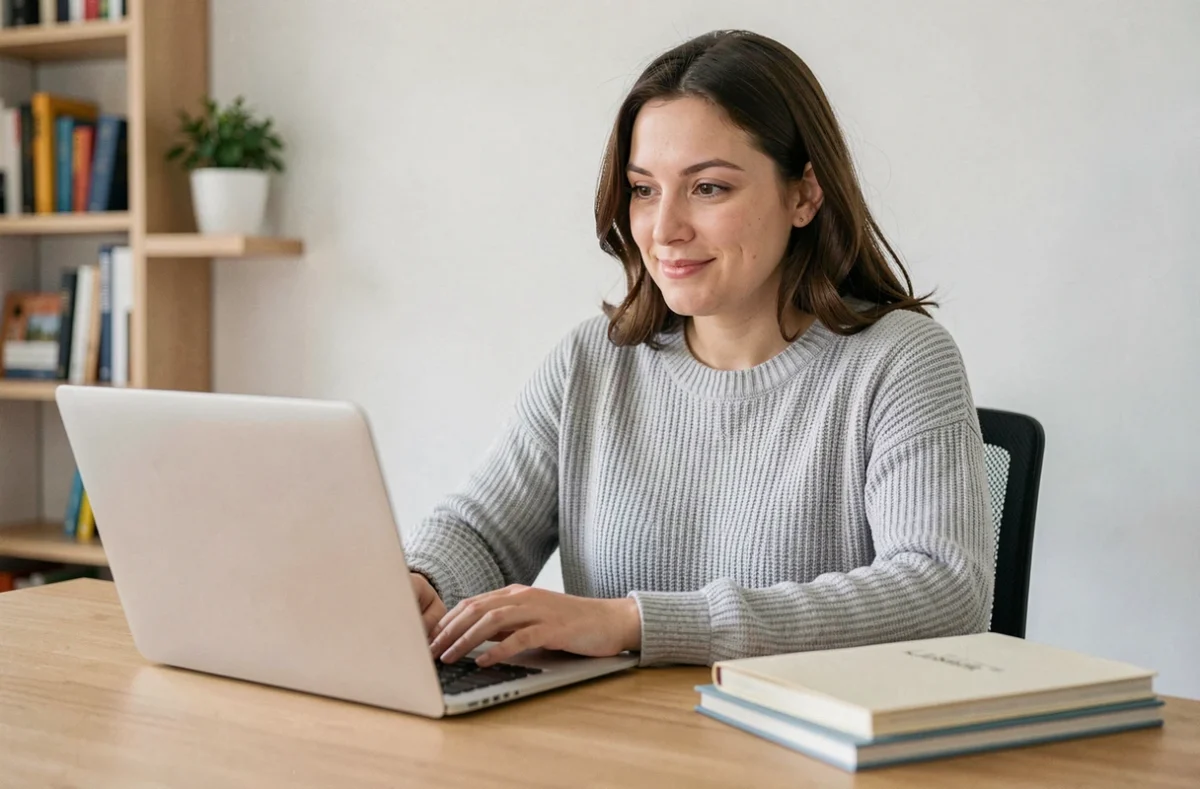 Femme suivant une formation numérique en ligne depuis son bureau à domicile, illustrant l'apprentissage digital de l'Académie Tic et Tac