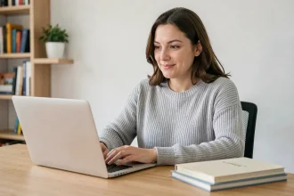 Femme suivant une formation numérique en ligne depuis son bureau à domicile, illustrant l'apprentissage digital de l'Académie Tic et Tac