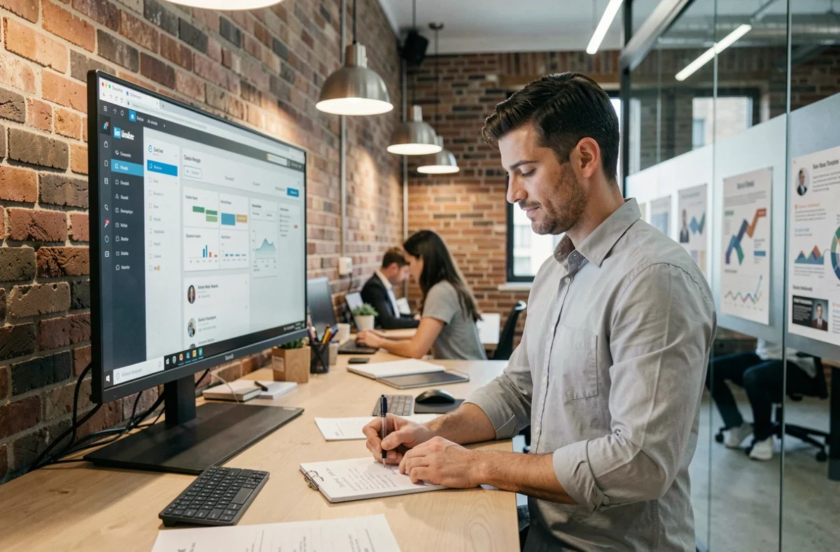 Professionnel prenant des notes lors d'une session de formation à la prospection LinkedIn dans un espace de coworking