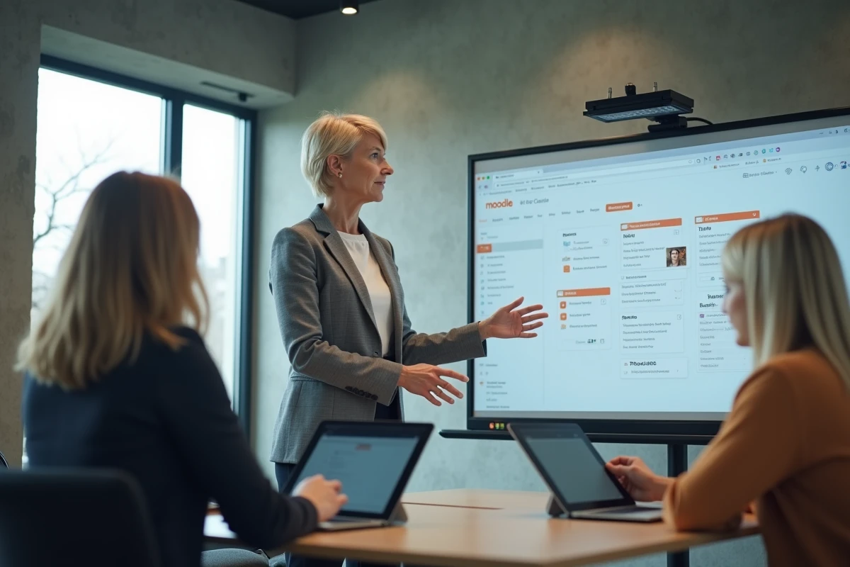 Formatrice Greta présentant un cours sur la plateforme Moodle à des apprenants adultes en salle de formation hybride