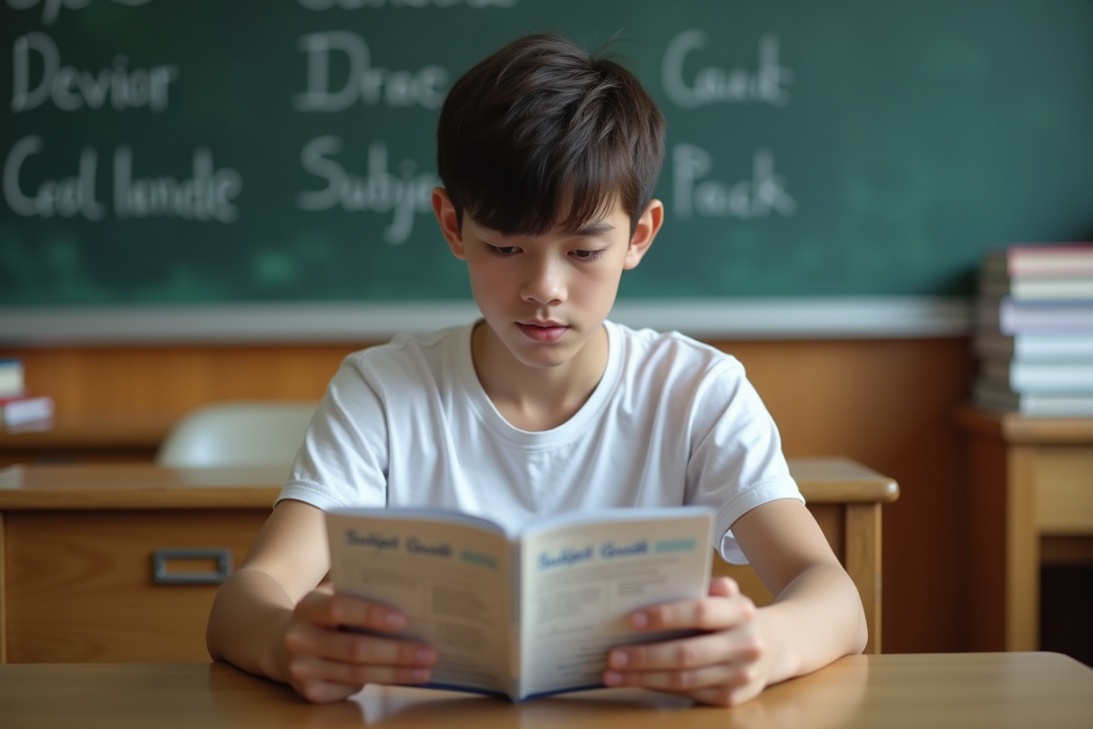 Garçon étudiant regardant un guide des matières en classe