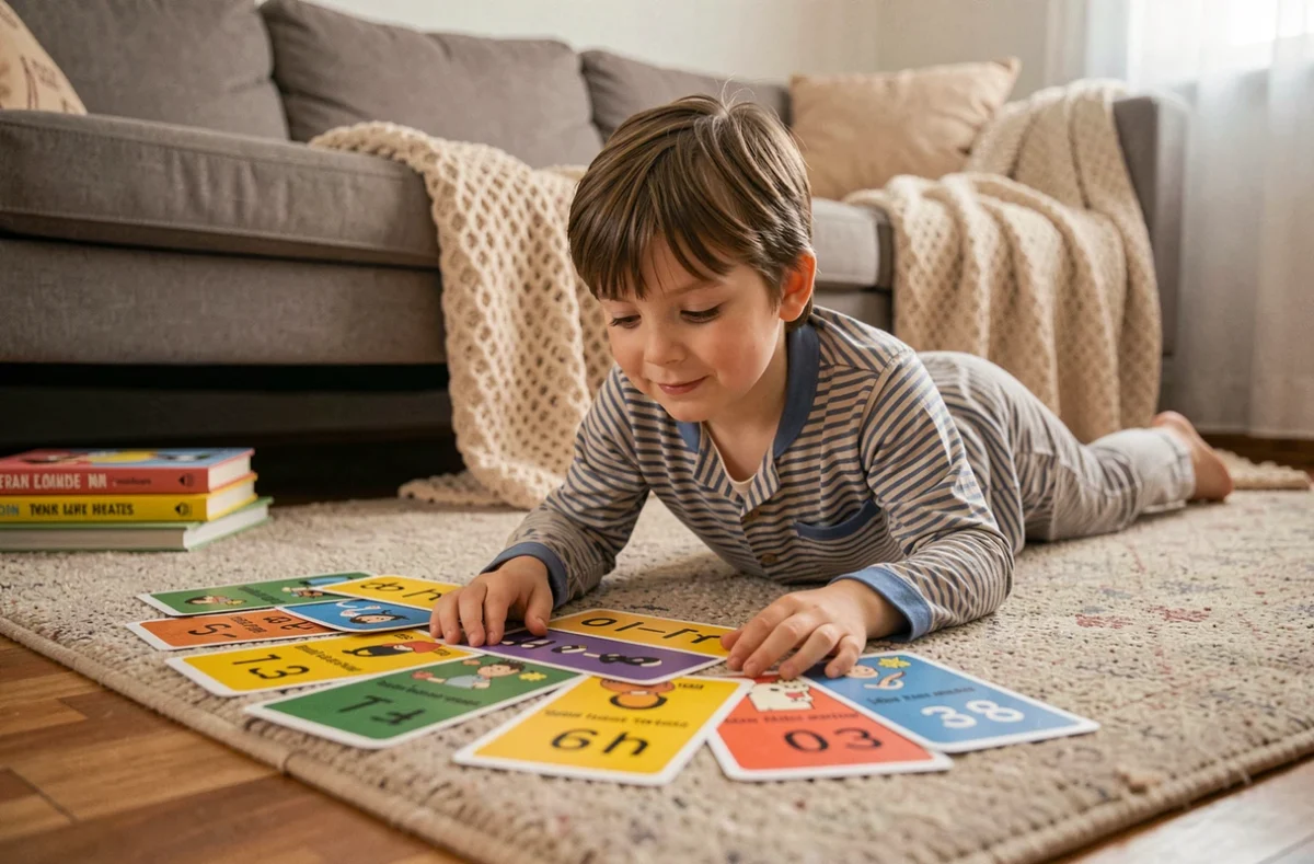 Garçon en pyjama révisant la table de 8 avec des flashcards sur le tapis du salon avant de dormir