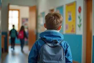 Garçon de 10 ans avec sac à dos dans un couloir scolaire