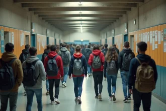 Couloir bondé d'un grand lycée urbain français avec des élèves en train de marcher et discuter entre les cours