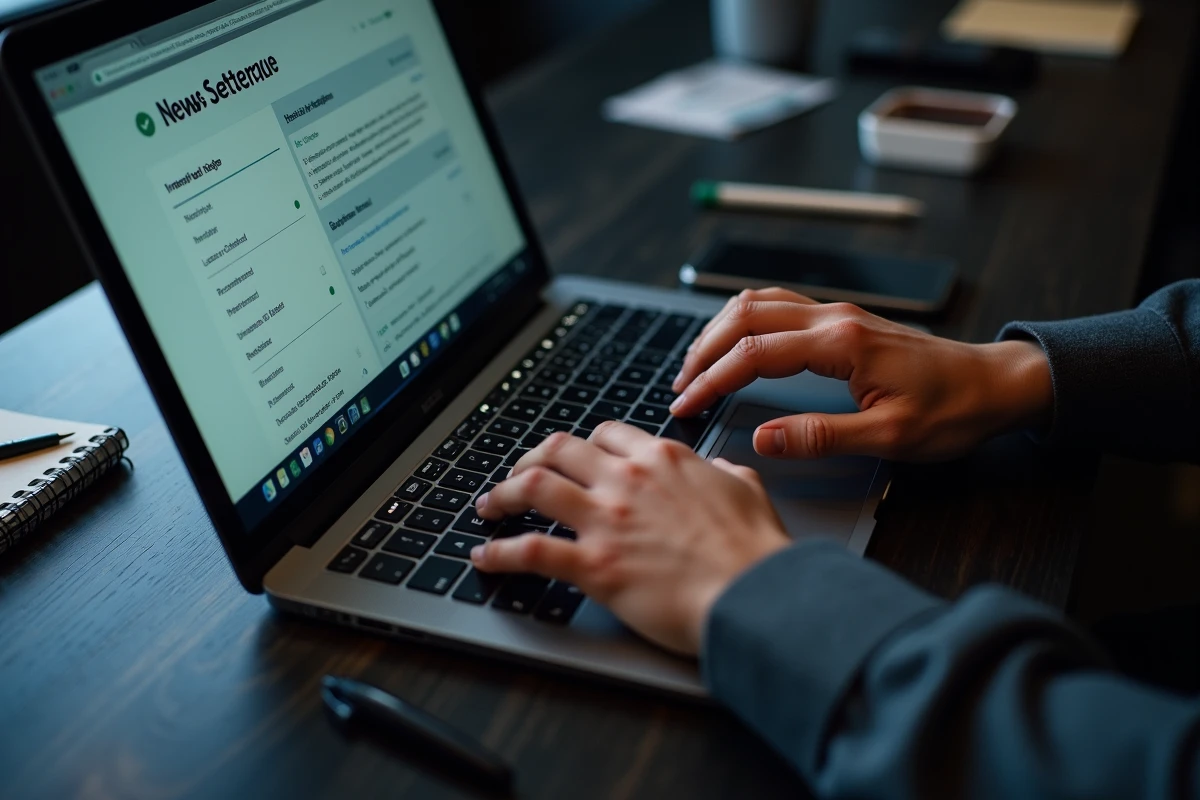 Gros plan sur des mains configurant les paramètres d'un logiciel de newsletter sur un clavier d'ordinateur portable