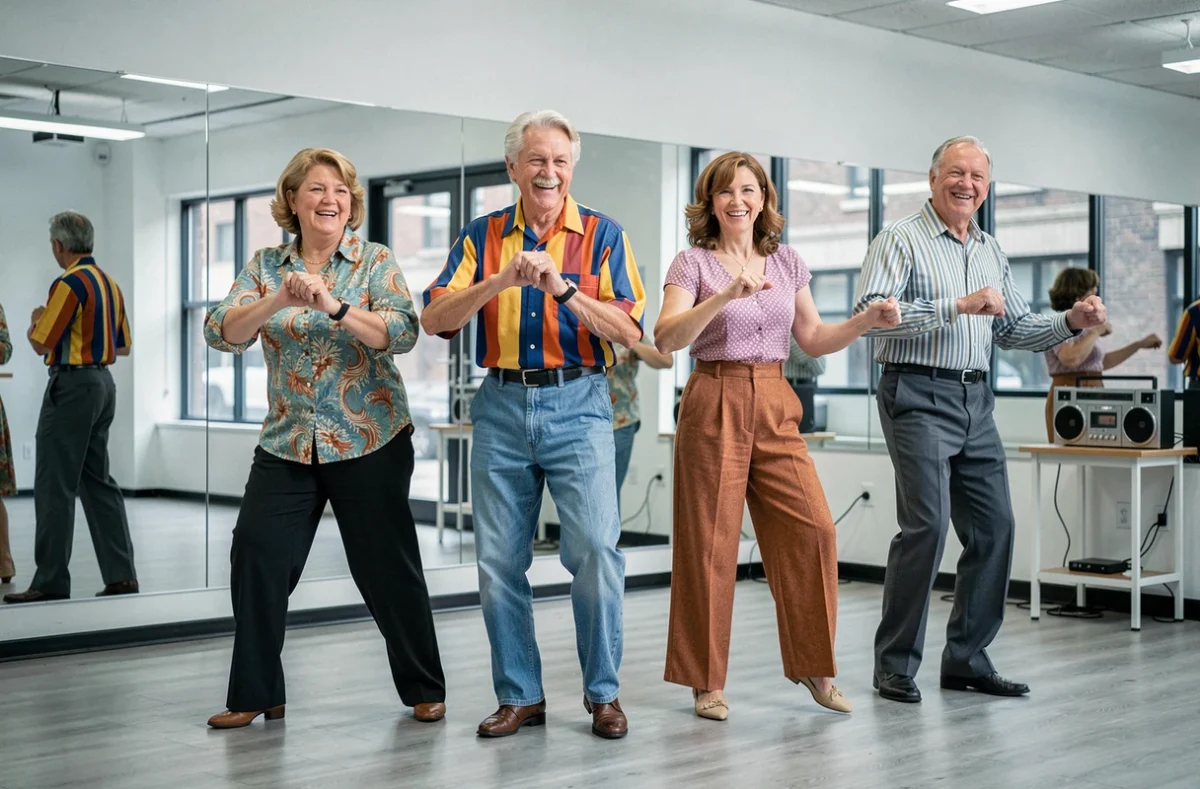 Groupe d'adultes pratiquant la danse Madison en ligne dans un studio de danse urbain avec miroirs et ambiance années 60