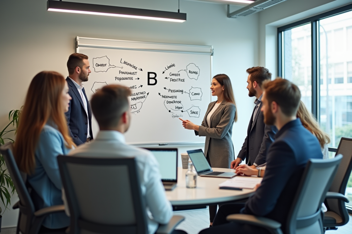 Groupe diversifié brainstormant autour d un tableau avec B et choix de carrière
