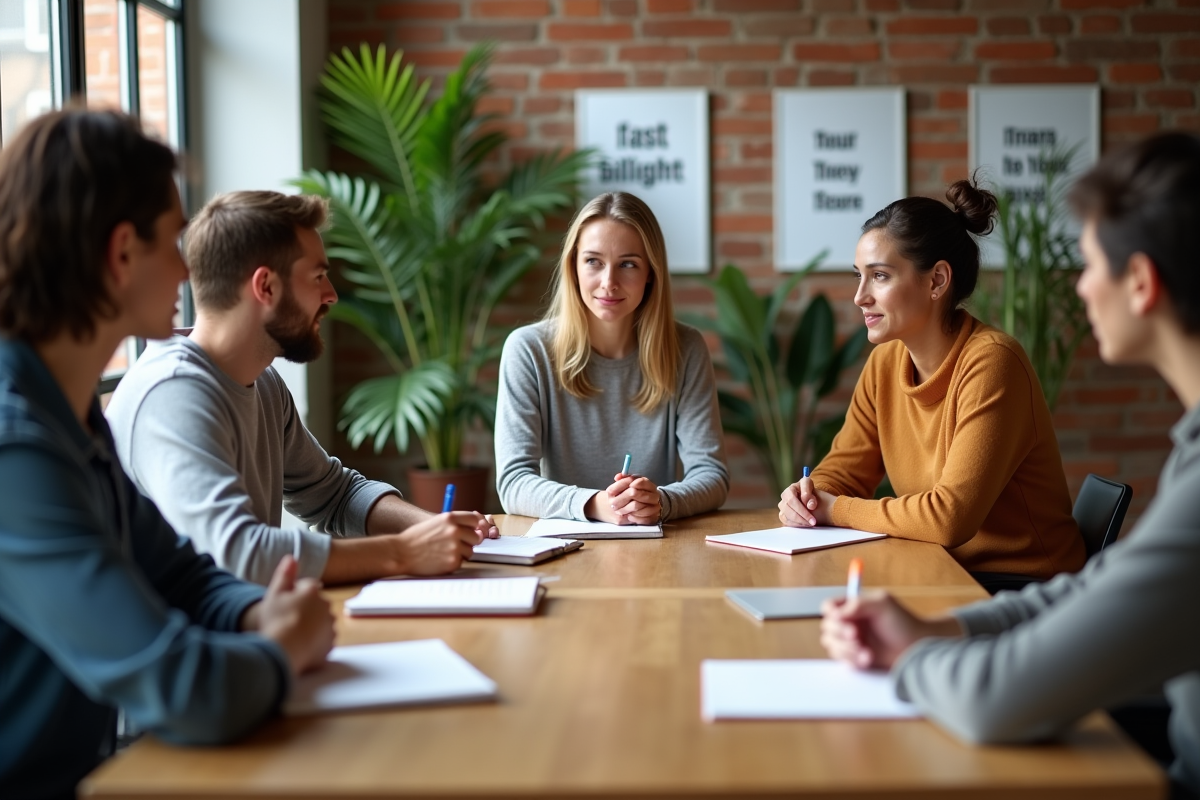 Groupe diversifié en coaching de groupe dans un espace coworking lumineux