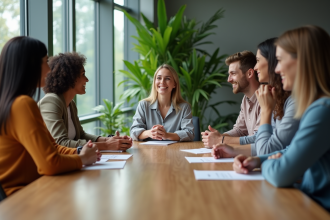 Groupe de collègues souriants dans une réunion de travail