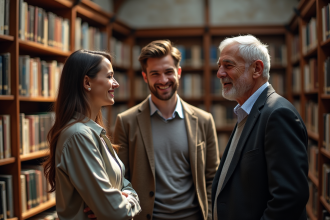 Trois adultes divers discutent dans une bibliothèque lumineuse