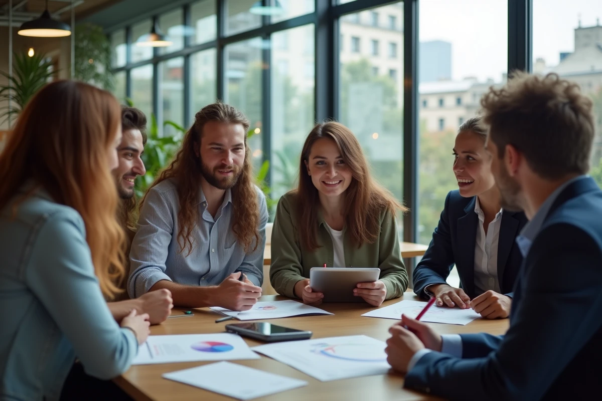 Groupe de jeunes diplômés discutant d un projet en bureau moderne