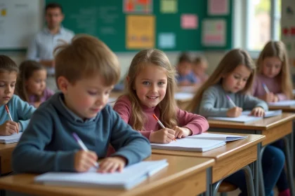 Groupe d'élèves en classe moderne concentrés à écrire