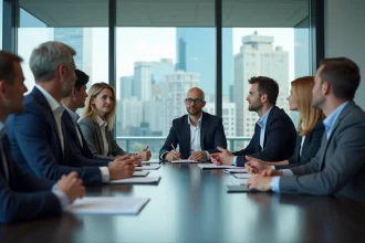 Groupe d'employes adultes en formation en salle moderne