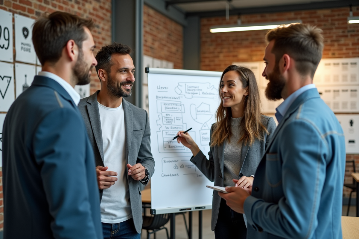 Groupe d entrepreneurs discutant autour d un tableau blanc