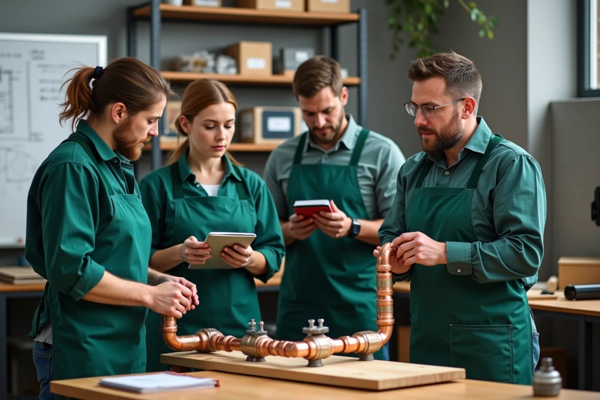 Groupe d'adultes en formation bricolage plomberie dans un centre de formation professionnelle, illustrant une formation CPF éligible en bricolage pratique