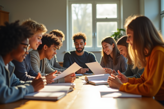 Groupe de jeunes autour d'une table en classe lumineuse