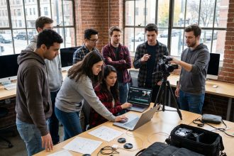 Groupe de jeunes créateurs autour de caméras et ordinateurs