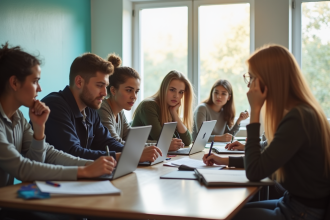 Groupe de jeunes adultes en classe moderne collaborant