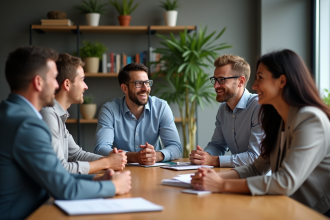 Groupe d'adultes en réunion dans un espace moderne