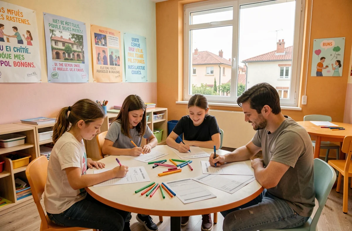 Groupe d'élèves travaillant avec un tuteur du Groupe Réussite dans une salle d'apprentissage colorée à Toulouse