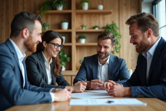 Groupe de professionnels en réunion dans un bureau moderne