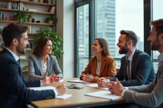 Groupe de quatre adultes en réunion dans un bureau moderne