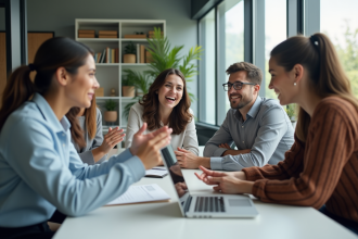 Groupe d'adultes en réunion dans un bureau lumineux