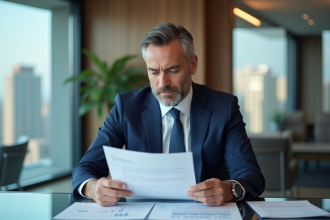 Homme d'affaires en costume bleu dans un bureau moderne