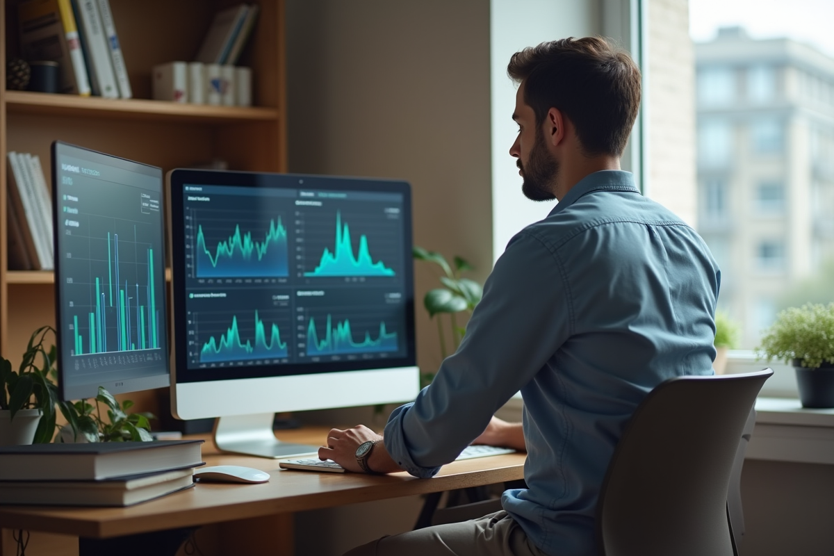 Jeune homme analysant des graphiques sur un grand écran dans un bureau à domicile