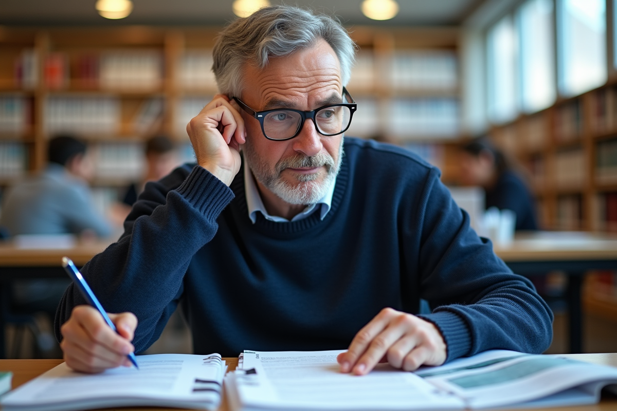 Homme en bibliothèque étudiant des brochures éducatives