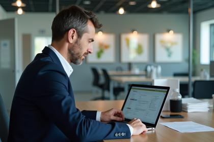 Homme d'âge moyen au bureau regardant un laptop civc