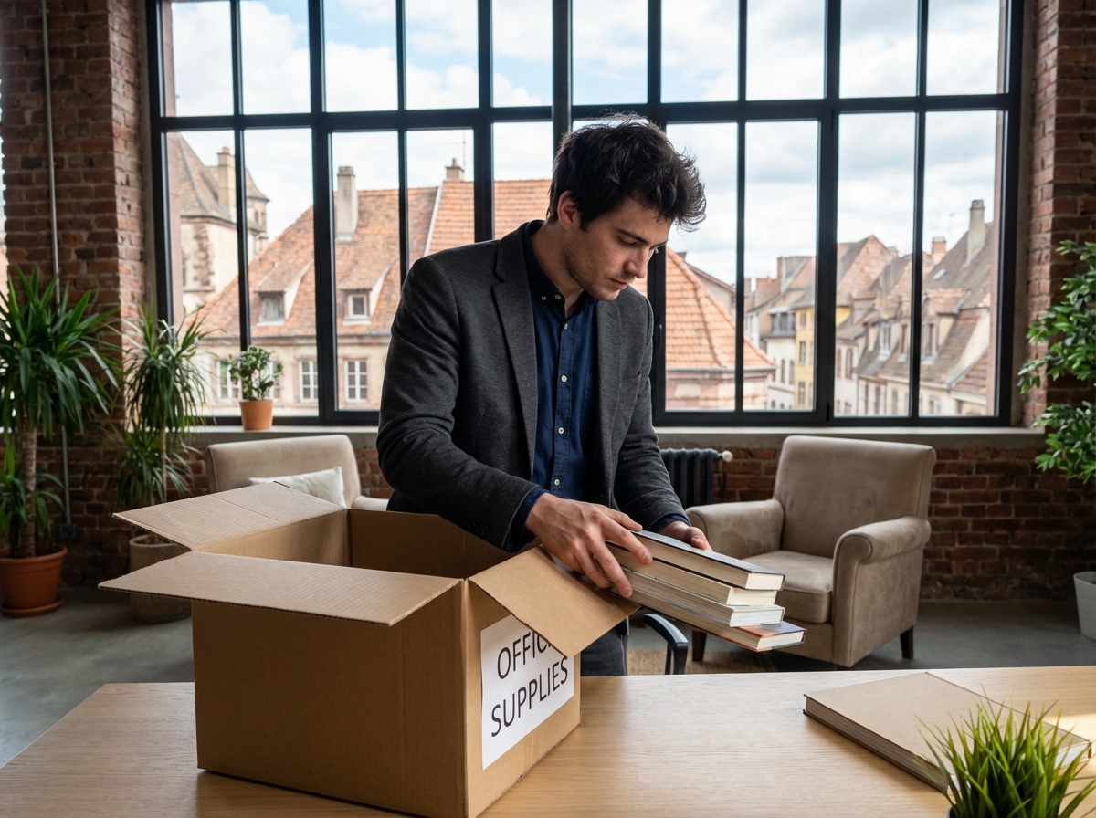 Homme en business casual déballant un carton dans un bureau