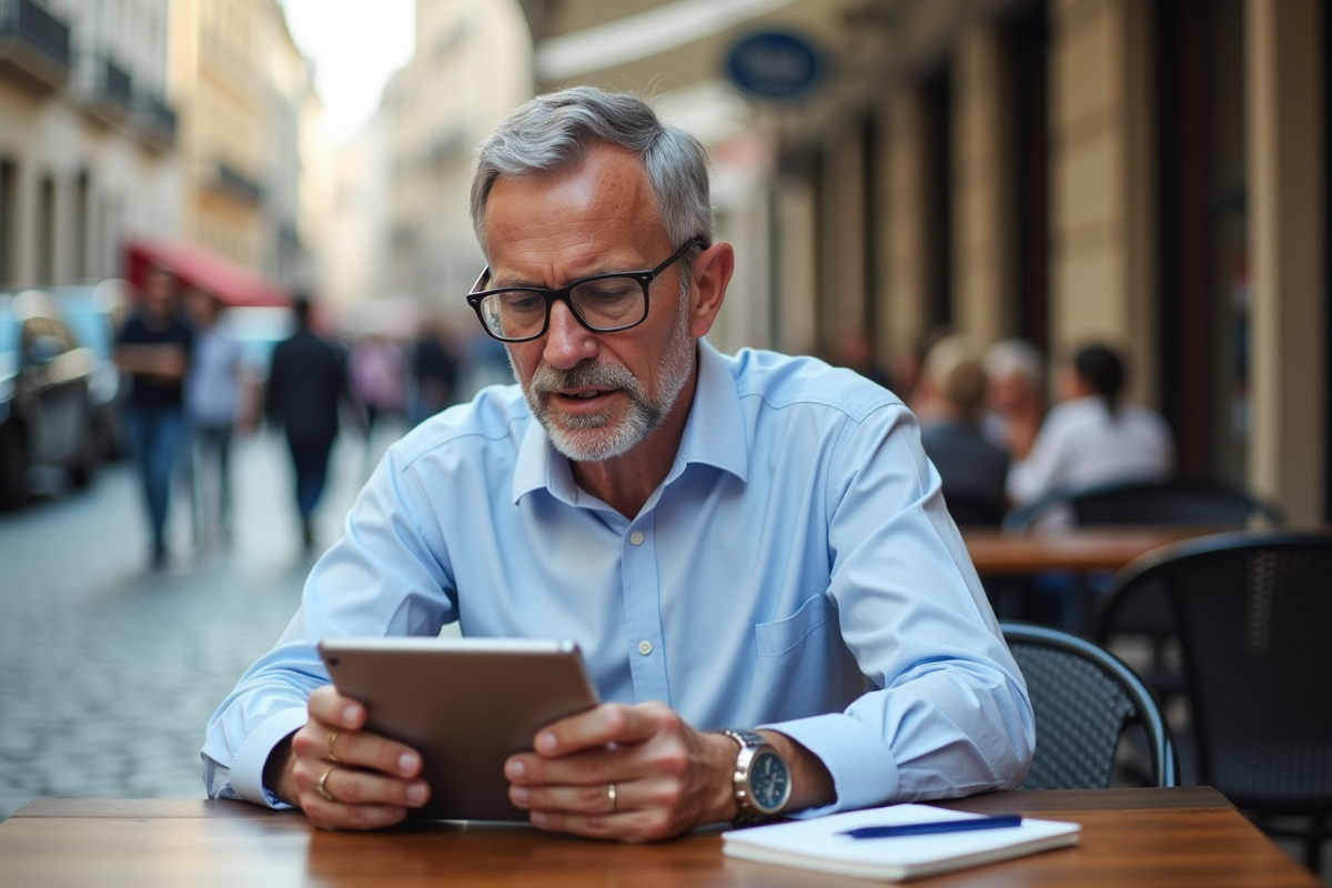 Homme lisant une application de langues dans un café animé