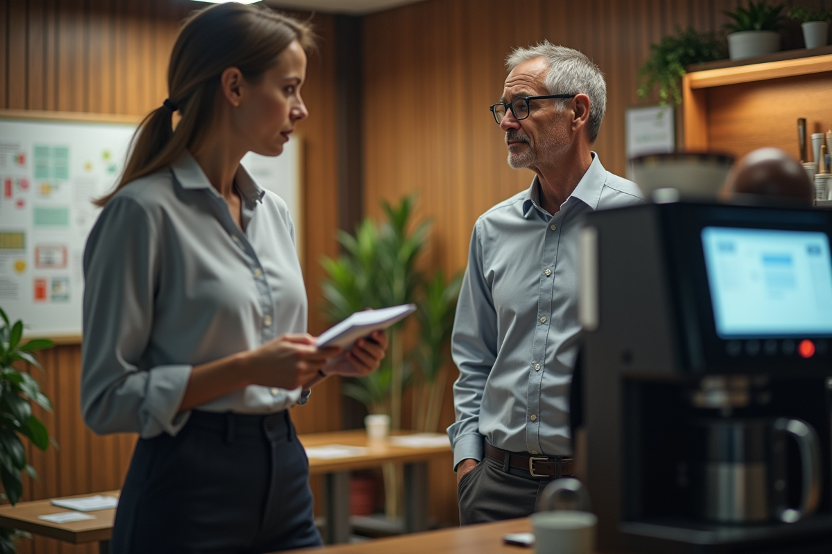 Homme au bureau près de la machine à café avec collègue
