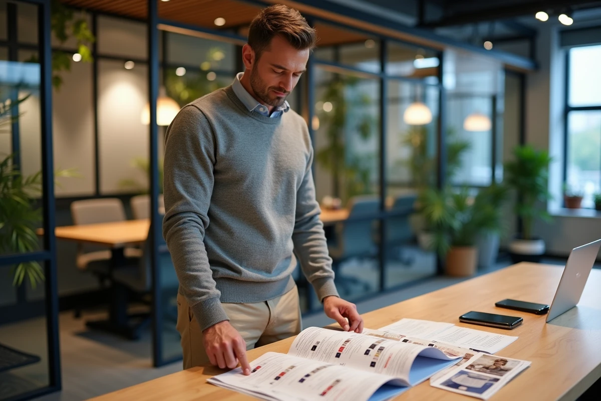 Homme regardant des brochures éducatives dans un espace de coworking