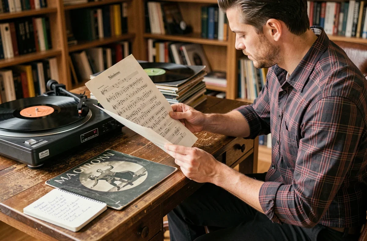 Homme étudiant des morceaux de musique pour apprendre la danse Madison avec disques vinyles et notes manuscrites sur un bureau en bois