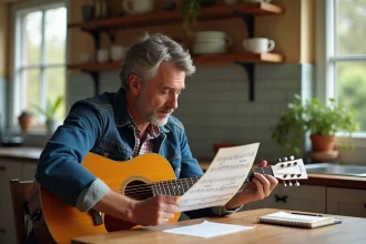 Homme de 40 ans étudie des tablatures guitare dans une cuisine chaleureuse