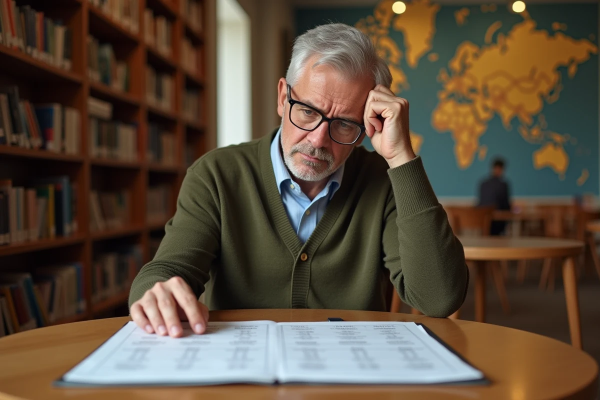 Homme en cardigan consulte un tableau de conjugaison en bibliothèque