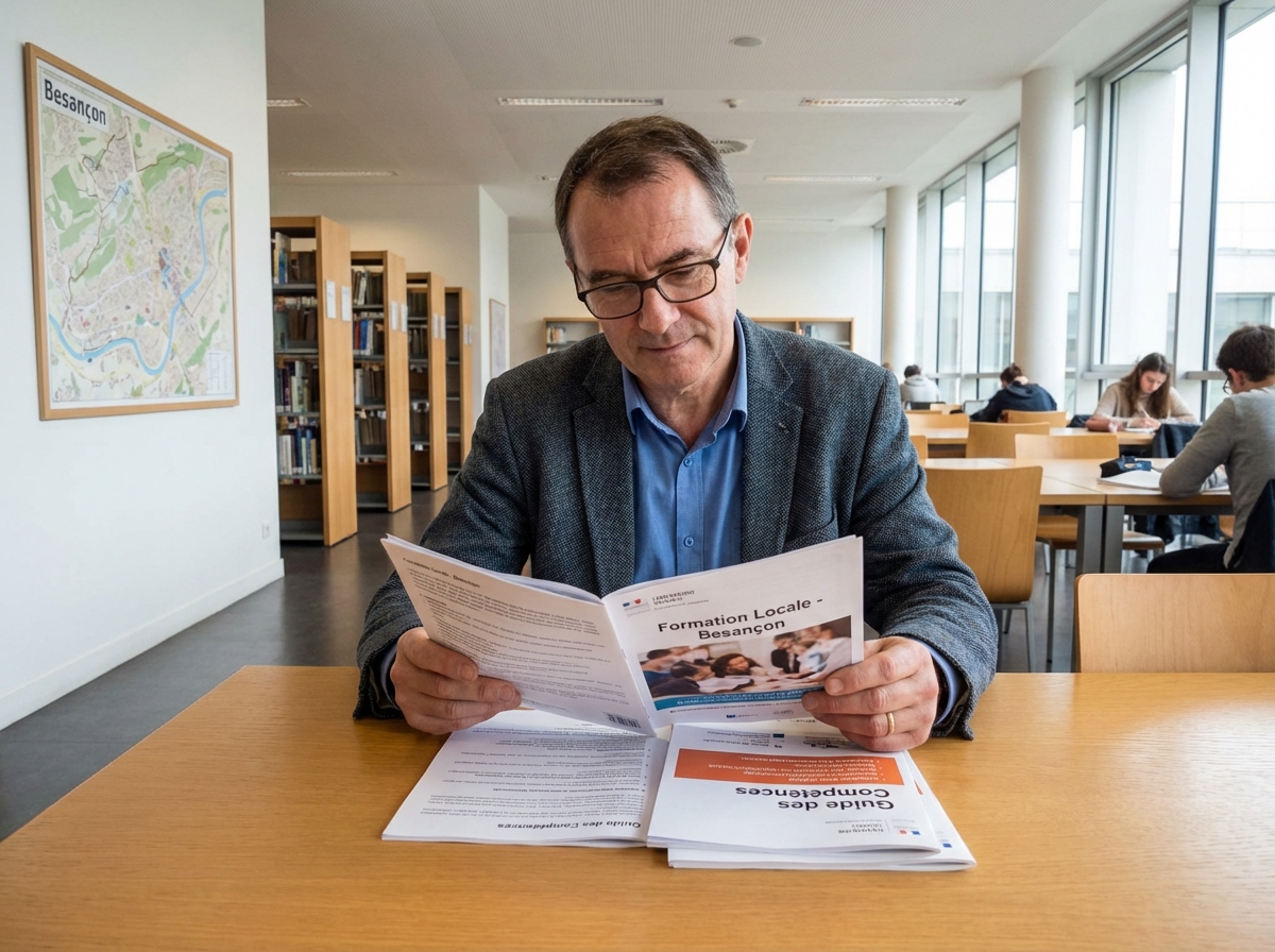 Homme lisant des livrets dans une bibliothèque à Besançon