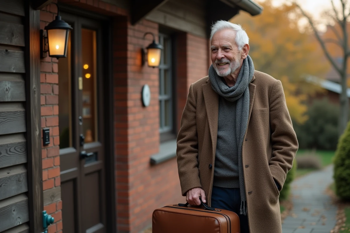 Homme âgé souriant devant sa maison en automne