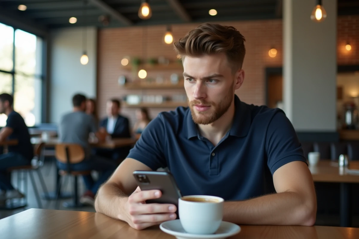 Jeune homme préparant le code de la route avec une application sur son smartphone dans un café moderne