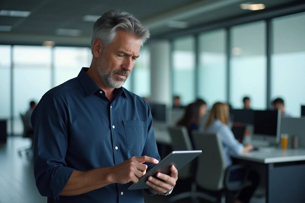 Homme consultant une interface de réinitialisation de mot de passe sur tablette dans un bureau en open space