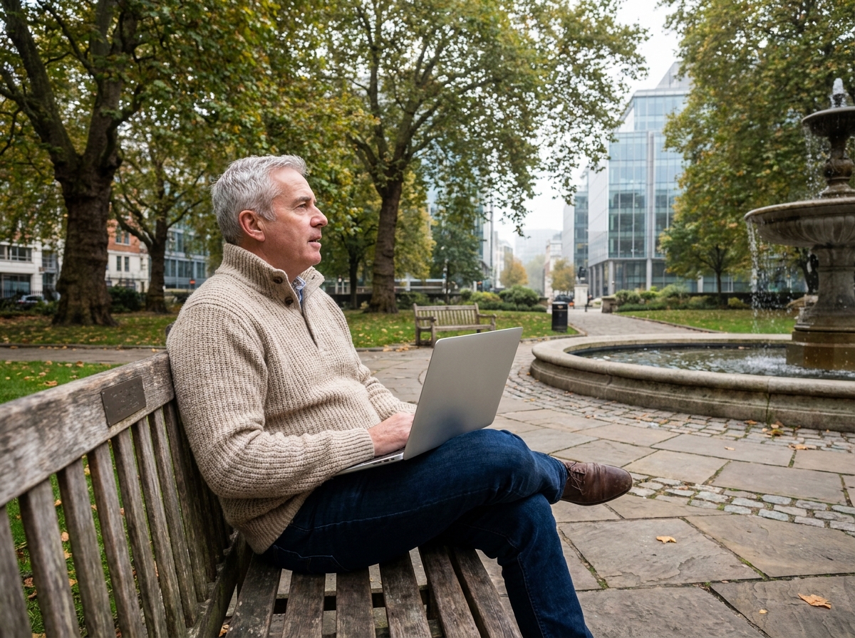 Homme senior en pull beige dans un parc urbain calme