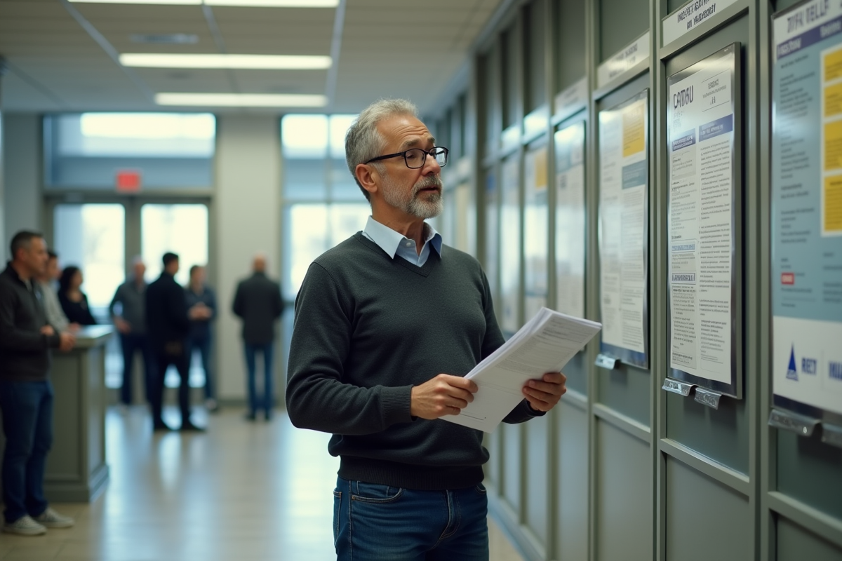 Homme consultat un panneau d informations dans un bureau