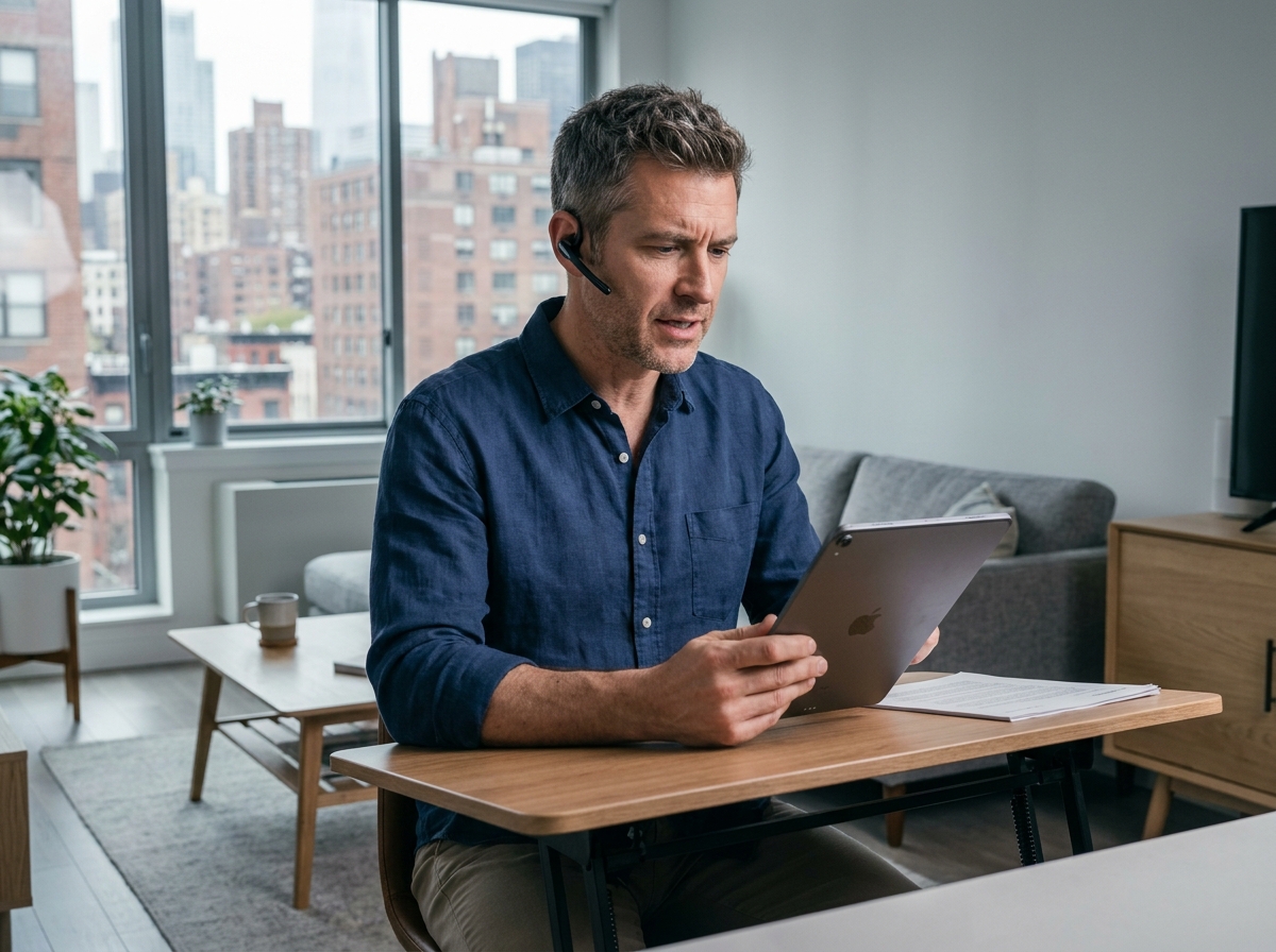 Homme en télétravail dans son salon moderne avec tablette et casque sans fil devant une fenêtre urbaine