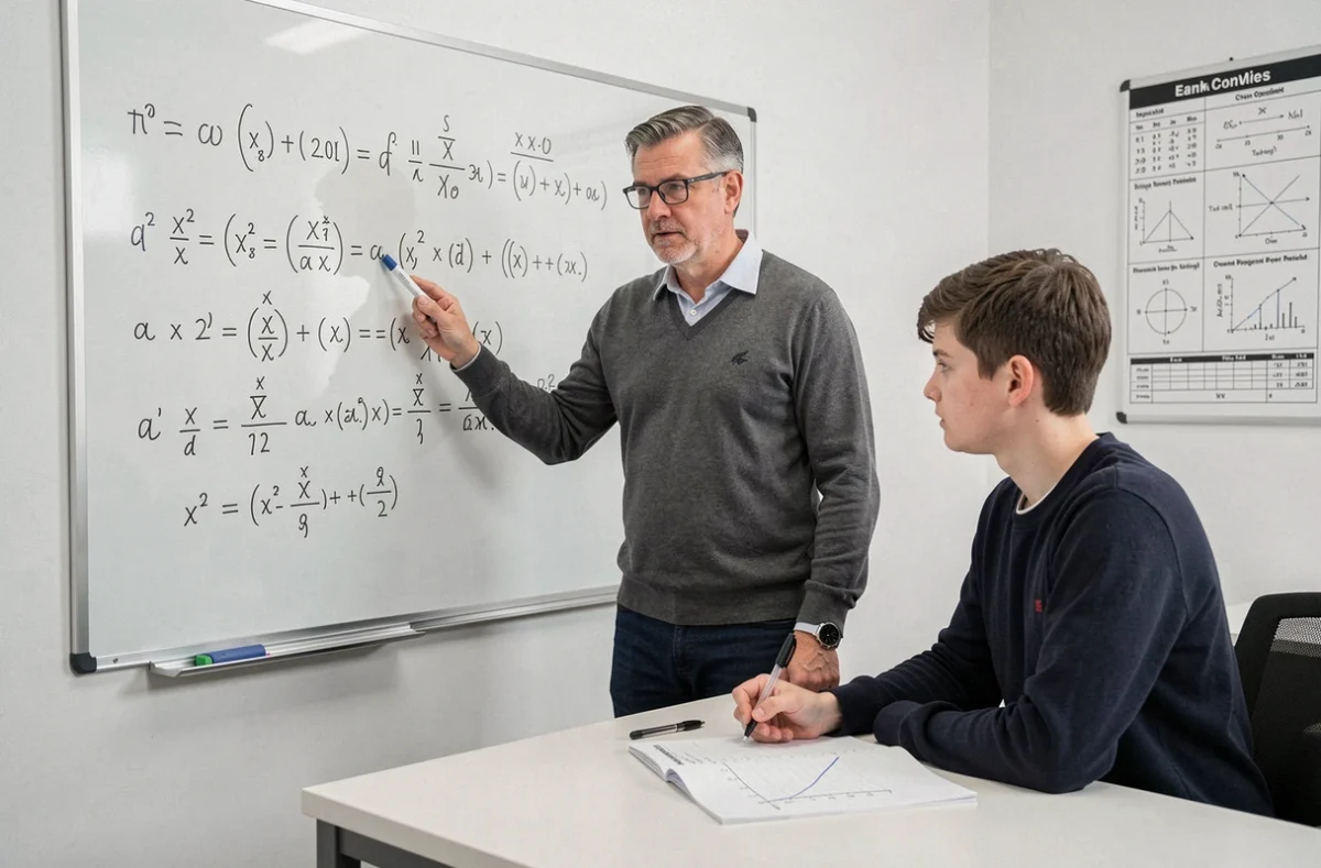 Tuteur en mathématiques d'Idéal Maths expliquant une équation algébrique à un élève sur un tableau en verre