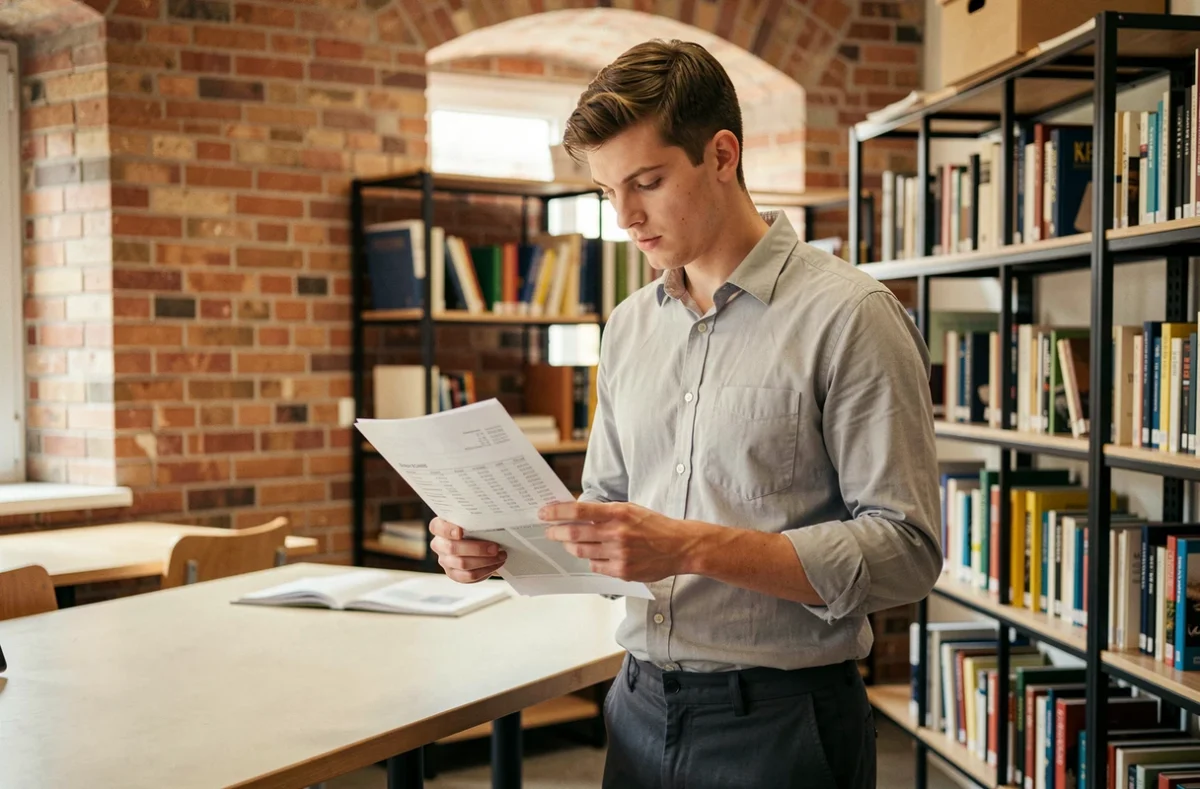 Étudiant consultant des documents financiers dans les locaux de l'IFI Rouen, institut de formation en finance et immobilier